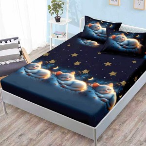 Cearsaf cu elastic, FINET, 180x200cm, 2 fete de perne 50x70cm, Albastru, pisicute