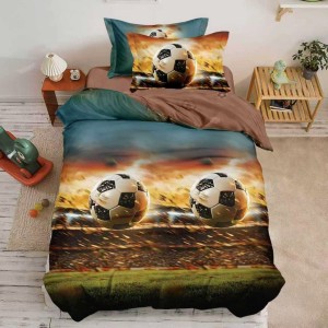 Lenjerie pat 140x200cm,  FINET, 4 piese, cu ELASTIC, Maro, Verde, mingii de fotbal