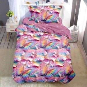 Lenjerie pat 140x200cm,  FINET, 4 piese, cu ELASTIC, Roz, fluturi