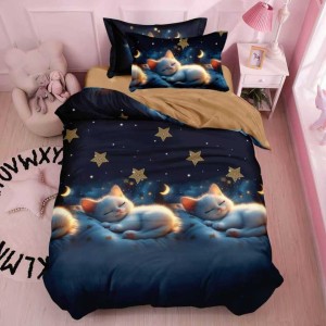 Lenjerie pat 140x200cm,  FINET, 4 piese, cu ELASTIC, Albastru, pisicute