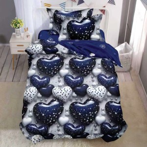 Lenjerie pat 140x200cm,  FINET, 4 piese, cu ELASTIC, Albastru, inimioare