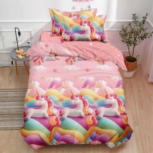 Lenjerie pat 140x200cm,  FINET, 4 piese, cu ELASTIC, Roz, unicorni