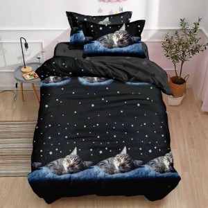 Lenjerie pat 140x200cm,  FINET, 4 piese, cu ELASTIC, Negru, pisicute