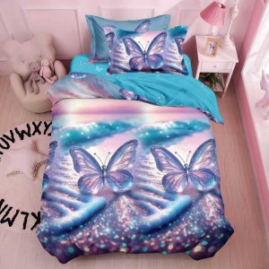 Lenjerie pat 140x200cm,  FINET, 4 piese, cu ELASTIC, Bleu, Mov, fluturi