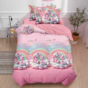 Lenjerie pat 140x200cm,  FINET, 4 piese, cu ELASTIC, Roz, unicorni, curcubeu