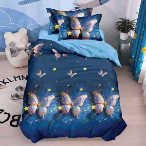 Lenjerie pat 1 PERSOANA, FINET, 4 piese, Albastru, Turcuaz, fluturi