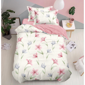 Lenjerie pat 1 PERSOANA, FINET, 4 piese, Crem, Roz, Flori