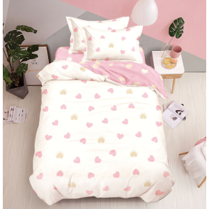 Lenjerie pat 140x200cm,  FINET, 4 piese, cu ELASTIC, Crem, Roz, Inimioare