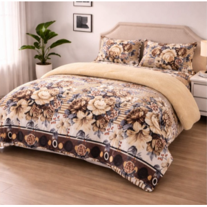 Lenjerie pat dublu, Super Pufoasa COCOLINO cu BLANITA, 4 piese, Bej, Dungi si Flori Lenjerie pat dublu, Super Pufoasa COCOLINO cu BLANITA, 4 piese, Bej, Dungi si Flori
