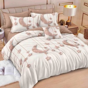 Lenjerie pat dublu cu ELASTIC, Finet, 6 piese, Roz, Crem, luna si stele