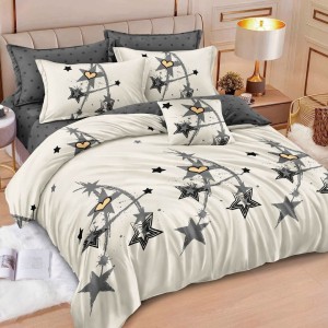 Lenjerie pat dublu cu ELASTIC, Finet, 6 piese, Gri, stelute