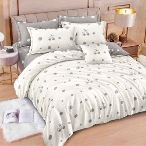 Lenjerie pat dublu cu ELASTIC, Finet, 6 piese, Crem-Gri, buline