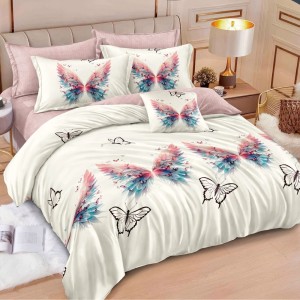 Lenjerie pat dublu cu ELASTIC, Finet, 6 piese, Crem, Roz, fluturi