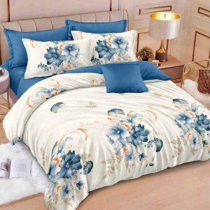 Lenjerie pat dublu cu ELASTIC, Finet, 6 piese, Alb, Turcuaz, flori