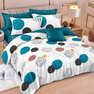 Lenjerie pat dublu cu ELASTIC, Finet, 6 piese, Alb, Turcuaz, buline