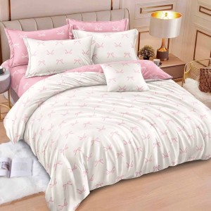 Lenjerie pat dublu cu ELASTIC, Finet, 6 piese, Crem, Roz, fundite