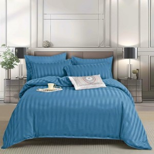 Lenjerie HoReCa, pat dublu, Damasc Finetat Deluxe cu Elastic, 6 piese, Albastru