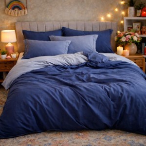 Lenjerie pat dublu, Finet, 6 piese, Bleumarin, degrade