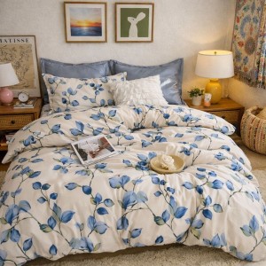 Lenjerie pat dublu, Finet, 6 piese, Bleu, frunze