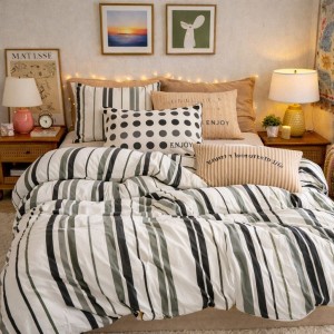 Lenjerie pat dublu, Finet, 6 piese, Gri, dungi