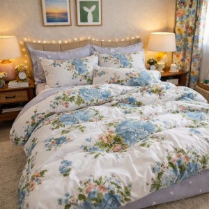 Lenjerie pat dublu, Finet, 6 piese, Gri, flori