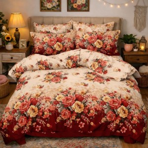 Lenjerie pat dublu, Finet, 6 piese, Bej-Rosu, flori
