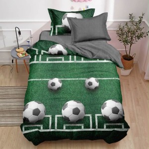 Lenjerie pat 140x200cm, 4 piese, cu ELASTIC,  Verde, fotbal