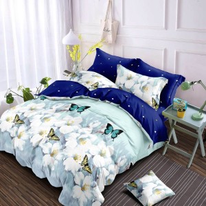 Lenjerie pat dublu, Finet, 6 piese, Albastru, Bleu, fluturi