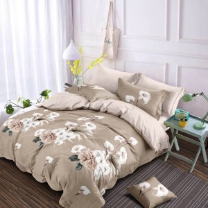 Lenjerie pat dublu, Finet, 6 piese, Bej, flori