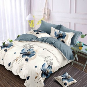 Lenjerie pat dublu, Finet, 6 piese, Crem, Albastru, flori