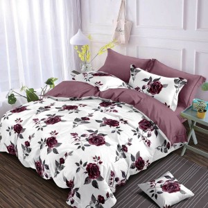 Lenjerie pat dublu, Finet, 6 piese, Alb, Grena, flori