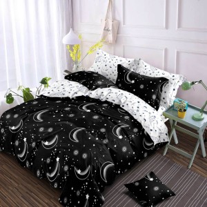 Lenjerie pat dublu, Finet, 6 piese, Alb, Negru, stelute si luna