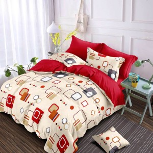 Lenjerie pat dublu, Finet, 6 piese, Bej, Rosu, forme geometrice