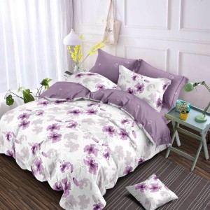 Lenjerie pat dublu, Finet, 6 piese, Alb, Mov, flori