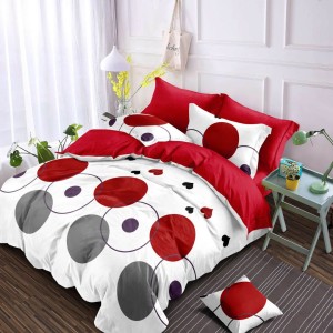 Lenjerie pat dublu, Finet, 6 piese, Alb, Rosu, buline