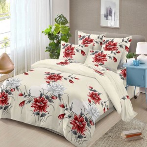 Lenjerie pat dublu, 4 piese, microfibra, Pucioasa, Crem, Rosu, flori