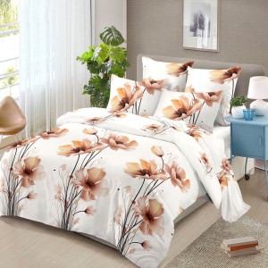 Lenjerie pat dublu, 4 piese, microfibra, Pucioasa, Crem, Galben, flori