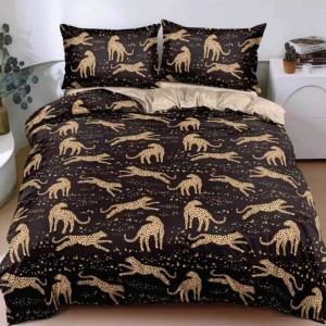 Lenjerie pat dublu, bumbac satinat, cearsaf clasic, 4 piese, Negru, leoparzi