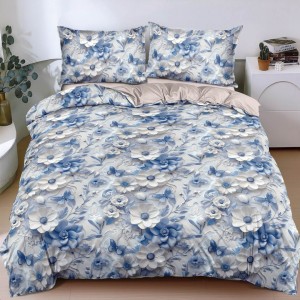 Lenjerie pat dublu, bumbac satinat, cearsaf clasic, 4 piese, Albastru, floricele