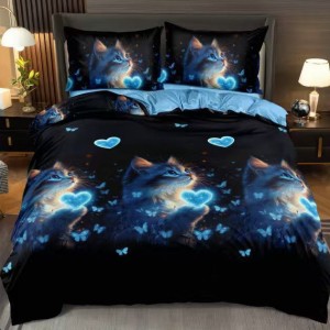 Lenjerie pat dublu, bumbac satinat, cearsaf clasic, 4 piese, Negru, Albastru, pisicute si inimioare Lenjerie pat dublu, bumbac satinat, cearsaf clasic, 4 piese, Negru, Albastru, pisicute si inimioare