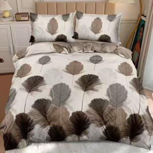 Lenjerie pat dublu, bumbac satinat, cearsaf clasic, 4 piese, Bej, pene Lenjerie pat dublu, bumbac satinat, cearsaf clasic, 4 piese, Bej, pene