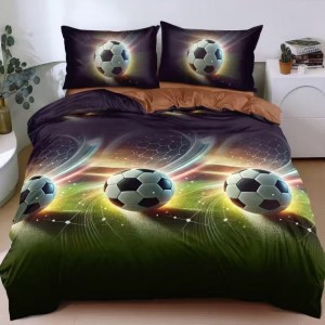 Lenjerie pat dublu, bumbac satinat, cearsaf clasic, 4 piese, Verde, Maro, mingii de fotbal