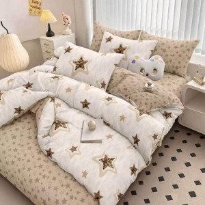Lenjerie pat dublu, bumbac satinat, cearsaf clasic, 4 piese,  Crem stelute