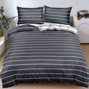 Lenjerie pat dublu, bumbac satinat, cearsaf clasic, 4 piese,  Gri, dungi