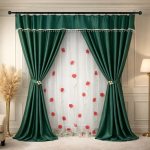 Set 3 metri de 2 bucati de Draperie BlackOut, Pearls, 150cm latime x 270cm înălțime, cu rejansa pt sina, Verde cu Sclipici