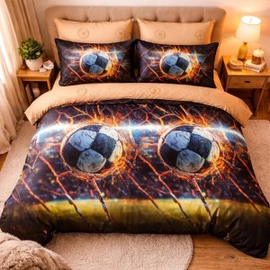 Lenjerie pat dublu cu ELASTIC, Finet, 6 piese, Verde, mingii de fotbal