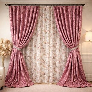 Set 2 Draperii Jacquard, Spiral, 150cm latime x 270cm înălțime, Roz + Perdea 400cm latime x 270cm inaltime, din Matase Imprimata, Iris Roz