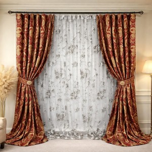 Set 2 Draperii Jacquard, Spiral, 150cm latime x 270cm înălțime, Rosu + Perdea 400cm latime x 270cm inaltime, din Matase Imprimata, Bujori Gri