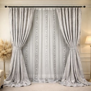 Set 2 Draperii Jacquard, Royal, 150cm latime x 270cm înălțime, Gri mediu + Perdea 400cm latime x 270cm inaltime, din Matase Imprimata, Pene Gri