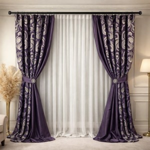 Set 2 Draperii Jacquard, Spiral, 150cm latime x 270cm înălțime, Mov + Perdea 400cm latime x 270cm inaltime, tip in cu broderie Lines
